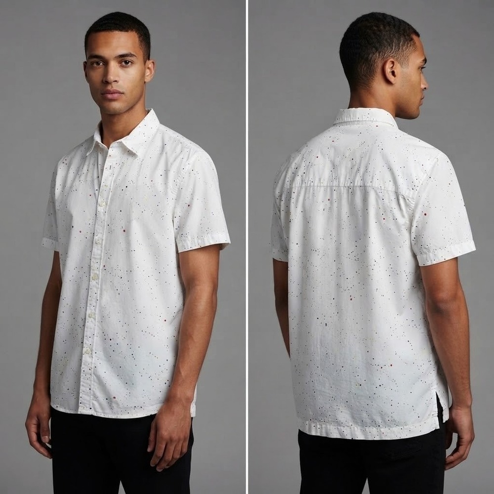 City Streets Mens XXL Button Up Shirt White Paint Splatter Short Sleeve Cotton